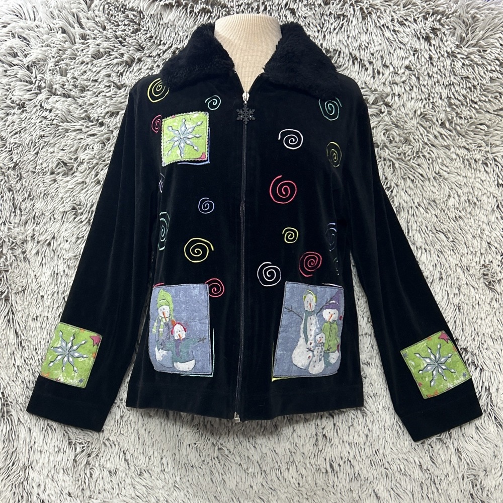 Snowman Snow Velour Zip Jacket 80's 90's Abstract‎ Winter Faux Fur Collar Sz M